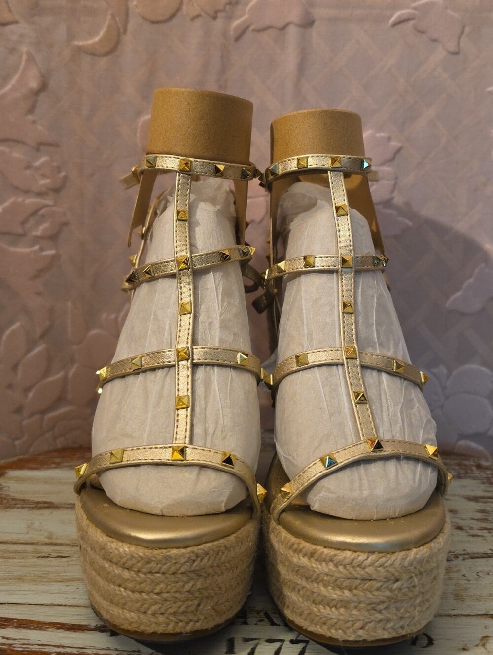 Gold Studded Espadrille Wedge Sandals - Women